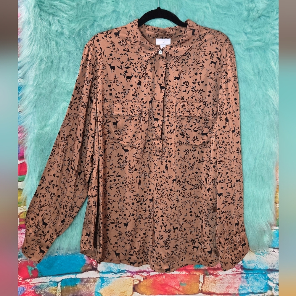 J Jill Brown and Black Long Sleeve Button Down Deer Printed Shirt. Size XL